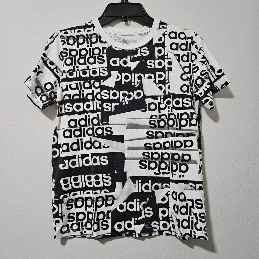 Adidas Boys Medium 10/12 T-Shirt All Over Print Logo Graphic Tee‎ Black White